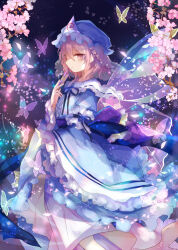 1girl back_bow blue_hat blue_kimono blue_ribbon bow branch bug butterfly cherry_blossoms feet_out_of_frame folding_fan frilled_kimono frilled_sleeves frills hand_fan hat holding holding_fan insect japanese_clothes kazu_(muchuukai) kimono long_sleeves looking_at_viewer mob_cap neck_ribbon obi parted_lips pink_butterfly pink_eyes pink_hair purple_butterfly ribbon ribbon-trimmed_collar ribbon_trim saigyouji_yuyuko sash see-through_wings short_hair sleeve_garter solo touhou triangular_headpiece veil wide_sleeves wings yellow_butterfly