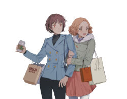 Rule 34 | 2girls, arm hug, bag, black pants, blue jacket, braid, brown eyes, brown hair, buttons, closed mouth, coffee cup, commentary, crown braid, cup, disposable cup, double-breasted, english commentary, fur-trimmed jacket, fur trim, highres, jacket, lapels, long sleeves, multiple girls, niijima makoto, notched lapels, okumura haru, pants, persona, persona 5, pink skirt, red eyes, shopping bag, short hair, simple background, skirt, sophie (693432), turtleneck, white background