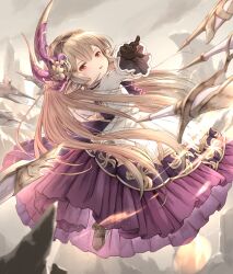 Rule 34 | ascot, black gloves, brown hairband, dress, earrings, flying, flying sword, gloves, gold earrings, granblue fantasy, granblue fantasy: relink, hairband, harvin, highres, jewelry, khell, maglielle (granblue fantasy: relink), multiple weapons, petite, pointy ears, princess dress, purple ascot, white dress