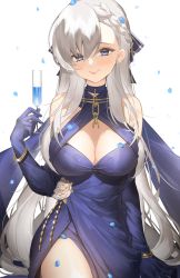 Rule 34 | 1girl, alcohol, azur lane, bad id, bad pixiv id, belfast (azur lane), belfast (the noble attendant) (azur lane), blue petals, braid, breasts, chain, champagne, champagne flute, choker, cleavage, criss-cross halter, cup, dress, drinking glass, elbow gloves, french braid, gloves, hair between eyes, hair ribbon, halterneck, highres, holding, holding cup, large breasts, long hair, looking at viewer, purple dress, purple eyes, purple gloves, ran s200, ribbon, side slit, silver hair, smile, solo
