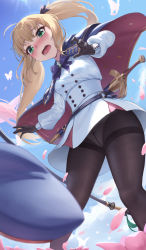 Rule 34 | 1girl, artoria caster (fate), artoria caster (second ascension) (fate), artoria pendragon (fate), belt, beret, black bow, black gloves, black pantyhose, blonde hair, blush, bow, collar, collared shirt, embarrassed, fate/grand order, fate (series), flower, gem, gloves, green eyes, hair between eyes, hat, highres, long hair, long sleeves, looking at viewer, miniskirt, open mouth, padoruu, paid reward available, panties, panties under pantyhose, pantyhose, pantyshot, petals, purple bow, shirt, simple background, skirt, smile, solo, thighband pantyhose, thighs, underwear, unworn headwear, white shirt, white skirt