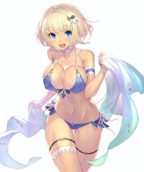 Rule 34 | 1girl, :d, arm strap, armband, bikini, blonde hair, blue bikini, blue eyes, blush, bob cut, breasts, cleavage, collarbone, covered erect nipples, cowboy shot, etrian odyssey, eyebrows, front-tie top, gluteal fold, hair between eyes, hair ornament, hand up, highres, holding, large breasts, looking at viewer, navel, open mouth, phalanx (sekaiju), sekaiju no meikyuu, sekaiju no meikyuu 3, shawl, short hair, side-tie bikini bottom, simple background, smile, solo, strap gap, swimsuit, takamine nadare, thigh gap, thigh strap, white background, wrist cuffs