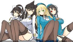 Rule 34 | &gt;:o, 4girls, :o, animal ears, atago (azur lane), atago (kancolle), azur lane, bad id, bad twitter id, beret, black hair, blonde hair, blush, brown eyes, commentary request, crossover, garter straps, green eyes, hat, highres, historical name connection, kantai collection, long hair, long sleeves, looking at viewer, military, military uniform, miniskirt, multiple girls, name connection, pantyhose, ponytail, red eyes, sakurai unan, simple background, sitting, sketch, skirt, smile, takao (azur lane), takao (kancolle), thighhighs, twitter username, uniform, v-shaped eyebrows, white background