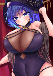 Rule 34 | 1girl, absurdres, alternate costume, azur lane, black hat, blue eyes, blue flower, blue hair, breasts, cheshire (azur lane), cheshire (cait sith crooner) (azur lane), china dress, chinese clothes, cleavage, curtains, dress, feather boa, fedora, flower, gloves, hair flower, hair ornament, hat, hat flower, highres, huge filesize, indoors, jintsuu (azur lane), large breasts, multicolored hair, panties, purple dress, purple gloves, see-through, see-through cleavage, solo, streaked hair, string panties, underwear, upper body, user jvrd3233