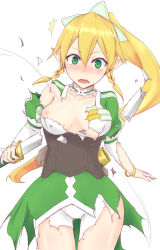 Rule 34 | 10s, 1girl, blush, bracelet, braid, breasts, broken, broken sword, broken weapon, choker, green eyes, highres, jewelry, leafa, long hair, mingaru, motion lines, nipples, open mouth, ponytail, side braid, simple background, solo, surprised, sweat, sword, sword art online, tearing clothes, torn clothes, twin braids, weapon, white background