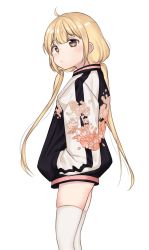 Rule 34 | 10s, 1girl, bad id, bad twitter id, blonde hair, brown eyes, chungu, from side, futaba anzu, hands in pockets, highres, idolmaster, idolmaster cinderella girls, jacket, long hair, low twintails, solo, standing, sukajan, thighhighs, twintails, very long hair, white background, white thighhighs