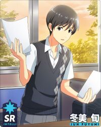 Rule 34 | 1boy, black eyes, black hair, black vest, buttons, card (medium), character name, collared shirt, evening, fingernails, fuyumi jun, holding, holding paper, idolmaster, idolmaster side-m, idolmaster side-m growing stars, looking at viewer, male focus, official art, paper, parted lips, school uniform, shirt, short hair, short sleeves, sky, solo, third-party source, upper body, vest