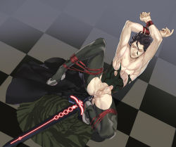Rule 34 | 1boy, ahoge, anal, anal object insertion, bad id, bad pixiv id, bdsm, black hair, bondage, bound, checkered floor, cum, diarmuid ua duibhne (lancer) (fate), dima, erection, excalibur morgan (fate), fate/zero, fate (series), floor, frogtie, highres, lube, male focus, male penetrated, neon trace, neon trim, object insertion, penis, realistic, solo, spread legs, sword, tears, torn clothes, weapon, weapon insertion