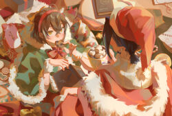 Rule 34 | 2girls, ahoge, alternate costume, alternate hairstyle, blue hair, book, bow, bow earrings, brown eyes, brown hair, candy, candy cane, capelet, cookie, earrings, eating, ellie niunai zhuyi zhe, food, fur-trimmed headwear, fur trim, gift, gingerbread man, green capelet, hair intakes, hairband, hat, highres, hololive, hololive english, hot chocolate, jewelry, looking at another, low ponytail, marshmallow, mr. squeaks (hakos baelz), multicolored hair, multiple girls, nanashi mumei, ouro kronii, pillow, ribbon, santa costume, santa hat, short hair, short ponytail, snowman, streaked hair, sweater, turtleneck, virtual youtuber, white sweater