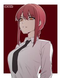 Rule 34 | 1girl, 7a (se7ena), absurdres, black necktie, border, braid, braided ponytail, breasts, chainsaw man, collared shirt, highres, large breasts, makima (chainsaw man), necktie, orange eyes, red hair, ringed eyes, shirt, sidelocks, solo, white border, white shirt, wing collar