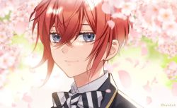 Rule 34 | 1boy, blue eyes, bow, bowtie, cherry blossoms, flower, jacket, kwakah, looking at viewer, male focus, red hair, riddle rosehearts, shirt, simple background, smile, solo, twisted wonderland