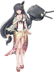 Rule 34 | 10s, 1girl, bare shoulders, bikini, black hair, breasts, collarbone, covered navel, full body, fusou (kancolle), hair ornament, headgear, kantai collection, long hair, low-tied long hair, machinery, official art, one-piece swimsuit, red eyes, rikka (rikka331), sandals, smile, solo, standing, swimsuit, transparent background, turret, very long hair