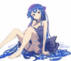 Rule 34 | 1girl, bao (vtuber), bao (vtuber) (1st costume), barefoot, bead necklace, beads, blue eyes, blue hair, clenched hand, collarbone, highres, indie virtual youtuber, jewelry, liquid hair, long hair, necklace, red eyes, sitting, sketch, solo, very long hair, virtual youtuber, waneyeye, white background
