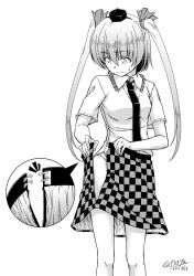 Rule 34 | 1girl, breasts, checkered clothes, checkered skirt, closed mouth, collared shirt, feet out of frame, frilled shirt collar, frills, greyscale, hair between eyes, hat, himekaidou hatate, monochrome, shirt, short sleeves, simple background, skirt, small breasts, solo, tatsuya (guild plus), tokin hat, touhou, twintails