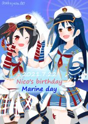 Rule 34 | 1girl, 2girls, ;), absurdres, anchor, artist name, artist request, bare legs, black gloves, black hair, blue bow, blue gloves, blue hair, blue ribbon, blue sailor collar, blue shirt, blue skirt, blue sky, blush, bow, breasts, clothes around waist, cloud, collarbone, day, elbow gloves, female focus, fingerless gloves, flat chest, gloves, grey bow, hair between eyes, hair bow, hair ribbon, hat, highres, holding hands, index fingers together, jacket, jacket around waist, leg tattoo, long hair, looking at viewer, love live!, love live! school idol festival, love live! school idol project, m/, medium breasts, miniskirt, multiple girls, navel, neckerchief, necktie, nico nico nii, one eye closed, outdoors, own hands together, parted lips, plaid, plaid skirt, pleated, pleated skirt, polka dot, polka dot bow, puffy short sleeves, puffy sleeves, reaching, reaching towards viewer, red bow, red eyes, red gloves, red neckwear, red ribbon, ribbon, sailor collar, sailor hat, shirt, short hair, short sleeves, short twintails, skirt, sky, small breasts, smile, sonoda umi, star (symbol), star tattoo, striped bow, striped clothes, striped gloves, striped ribbon, striped skirt, tattoo, twintails, vertical-striped clothes, vertical-striped skirt, white gloves, white hat, white jacket, wink, yazawa nico