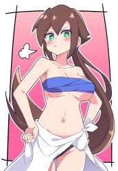 Rule 34 | 1girl, absurdres, aile (mega man zx), bare shoulders, blush, bottomless, breast band, breasts, brown hair, buzzlyears, chest sarashi, green eyes, highres, large breasts, long hair, looking at viewer, mega man (series), mega man zx, mega man zx advent, ponytail, sarashi, strapless, tagme, towel around waist