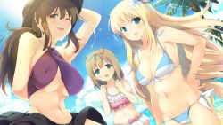 Rule 34 | 3girls, bikini, blonde hair, breasts, brown hair, cleavage, covered erect nipples, evenicle, game cg, green eyes, happy, hat, huge breasts, large breasts, long hair, looking at viewer, multiple girls, navel, open mouth, palm tree, ponytail, purple eyes, short hair, sky, small breasts, smile, standing, swimsuit, tree, wink, yaegashi nan