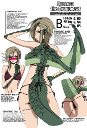 Rule 34 | 10s, 1girl, bikini, blonde hair, blush, breasts, character design, character name, character profile, character sheet, claws, colored skin, colorized, concept art, draco (monster musume), dragon girl, dragon tail, dragon wings, embarrassed, from behind, hand in own hair, hard-translated, highres, looking back, monster girl, monster musume no iru nichijou, multicolored skin, multiple views, navel, okayado, pointy ears, purple eyes, scales, scan, side-tie bikini bottom, simple background, slit pupils, small breasts, sweatdrop, swimsuit, tail, tail raised, third-party edit, two-tone skin, white background, wings
