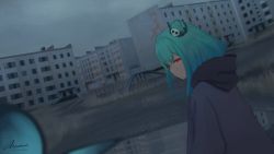 Rule 34 | 1girl, abandoned, alternate costume, anemoia897, cityscape, commentary, double bun, dutch angle, english commentary, expressionless, from behind, from side, green hair, hair bun, hair ornament, highres, hololive, hood, hooded jacket, jacket, long sleeves, medium hair, overgrown, red eyes, scenery, signature, skull hair ornament, twitter username, uruha rushia, virtual youtuber
