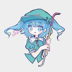 Rule 34 | 1girl, :q, artist name, blue eyes, blue hair, closed mouth, collared shirt, commentary request, cropped torso, frilled shirt collar, frilled sleeves, frills, green headwear, green shirt, grey background, highres, holding, holding crowbar, kawashiro nitori, long hair, looking at viewer, m (m073111), puffy short sleeves, puffy sleeves, shirt, short sleeves, simple background, solo, sparkling eyes, tongue, tongue out, touhou, two side up