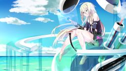 Rule 34 | 1girl, bare shoulders, barefoot, blonde hair, blue eyes, braid, cloud, day, highres, holographic interface, holographic monitor, ia (vocaloid), long hair, matsuike, ocean, off shoulder, rakupi, sky, solo, twin braids, very long hair, vocaloid, wallpaper