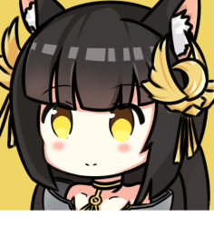 Rule 34 | 1girl, animal ears, azur lane, bare shoulders, black hair, blush, choker, closed mouth, collarbone, crescent, crescent hair ornament, hair ornament, long hair, looking at viewer, nagato-chan, nagato (azur lane), portrait, simple background, smile, solo, yellow background, yellow choker, yellow eyes