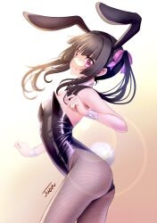Rule 34 | 1girl, absurdres, animal ears, ass, black hair, black leotard, blunt bangs, bow, bowtie, breasts, detached collar, fake animal ears, fishnet pantyhose, fishnets, from behind, highres, juan 0121, leotard, long hair, looking at viewer, looking back, pantyhose, pink eyes, playboy bunny, rabbit ears, rabbit tail, senki zesshou symphogear, shiny skin, small breasts, solo, standing, strapless, strapless leotard, tail, tsukuyomi shirabe, twintails, wrist cuffs