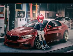 Rule 34 | 1girl, backpack, bag, black jacket, black socks, blue archive, blue necktie, bmw, bmw m2, car, collared shirt, grey footwear, grey sweater, head tilt, highres, holding, holding tablet pc, jacket, letterboxed, looking at viewer, maki (blue archive), motor vehicle, necktie, nougat (73r1r1), open mouth, pleated skirt, shadow, shirt, shoes, skirt, smile, sneakers, socks, solo, sports car, sweater, tablet pc, vehicle focus, white shirt, white skirt