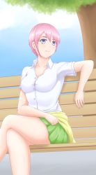 Rule 34 | 1girl, bad id, bad pixiv id, blue eyes, blush, breasts, closed mouth, collared shirt, crossed legs, go-toubun no hanayome, green skirt, hair between eyes, highres, large breasts, looking at viewer, nakano ichika, pink hair, shirt, short hair, simple background, skirt, smile, solo, stryx, thighs, uniform, upper body, white shirt