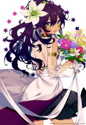 Rule 34 | 1girl, artist name, bible bullet, black hair, blush, bouquet, cowboy shot, flower, green eyes, hair between eyes, hair flower, hair ornament, highres, holding, holding bouquet, long hair, looking at viewer, pixiv id, ponytail, prophet chu, see-through, smile, solo, watermark, web address, white background