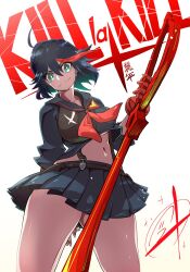 Rule 34 | 1girl, black hair, black shirt, black skirt, blue eyes, breasts, collarbone, copyright name, cowboy shot, cowlick, english text, from below, gloves, highres, holding, holding weapon, kamui (kill la kill), kill la kill, living clothes, matoi ryuuko, midriff, multicolored hair, pleated skirt, pungter, school uniform, scissor blade (kill la kill), senketsu, serafuku, shirt, short hair, signature, single glove, skirt, solo, star (symbol), streaked hair, suspender skirt, suspenders, thick thighs, thighs, underboob, v-shaped eyebrows, weapon