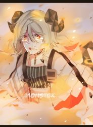Rule 34 | 1girl, arknights, black choker, blonde hair, choker, cloak, crying, crying with eyes open, curled horns, dress, fire, gradient hair, hair between eyes, horns, ifrit (arknights), letterboxed, low twintails, multicolored hair, open mouth, orange eyes, parted bangs, sad, short hair, short twintails, solo, streaming tears, striped clothes, striped dress, tears, teeth, twintails, vertical-striped clothes, vertical-striped dress, yuutama2804