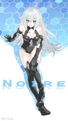 Rule 34 | 10s, 1girl, aqua eyes, arm support, bad id, bad pixiv id, bare shoulders, black gloves, black heart (neptunia), black thighhighs, breasts, character name, cleavage, cleavage cutout, clothing cutout, dated, elbow gloves, female focus, flipped hair, from above, full body, gloves, hair between eyes, halterneck, hand on own thigh, high heels, honeycomb (pattern), honeycomb background, honeycomb pattern, kinger, leotard, light smile, long hair, looking at viewer, magical girl, neptune (series), noire (neptunia), power symbol, power symbol-shaped pupils, shadow, sideboob, signature, sitting, smile, solo, symbol-shaped pupils, thigh gap, thighhighs, very long hair, white hair