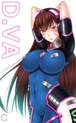Rule 34 | 1girl, alternate breast size, animal print, arms behind back, arms up, artist name, bodysuit, breasts, brown eyes, brown hair, character name, cilica, closed mouth, covered navel, cowboy shot, curvy, d.va (overwatch), facepaint, facial mark, gloves, headphones, highres, impossible bodysuit, impossible clothes, large breasts, legs together, lips, long hair, looking at viewer, overwatch, overwatch 1, pilot suit, pink lips, rabbit print, ribbed bodysuit, short sleeves, simple background, skin tight, smile, solo, standing, thigh strap, thighhighs, turtleneck, very long hair, whisker markings, white background