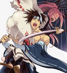 Rule 34 | 1boy, 1girl, ahoge, amputee, ass, baiken, bare shoulders, big hair, brown hair, carrying, carrying over shoulder, commentary request, closed eyes, facial tattoo, glasses, guilty gear, guilty gear xrd, hakama, hakama skirt, high ponytail, highres, holding, holding sword, holding umbrella, holding weapon, jako (toyprn), japanese clothes, kataginu, katana, kimono, mito anji, muscular, one-eyed, open mouth, over shoulder, pink hair, ponytail, red eyes, scar, scar across eye, scar on face, sidelocks, skirt, slippers, spiked hair, sword, tattoo, tsundere, umbrella, weapon