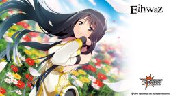 Rule 34 | 1girl, black eyes, black hair, breasts, cloud, cloudy sky, copyright name, cosmic break, detached sleeves, eve (cosmic break), field, flower, flower field, hand in own hair, highres, large breasts, long hair, looking at viewer, mecha musume, official art, outdoors, sideboob, sky, smile, solo, third-party source, wakaba sprout