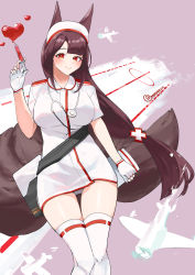 Rule 34 | 1girl, absurdres, akagi (azur lane), animal ears, azur lane, brown hair, brown tail, clipboard, dress, flight deck, highres, holding, holding syringe, kitsune, large tail, long hair, looking at viewer, multiple tails, nocturnal melonpan, nurse, pink background, red eyes, short sleeves, simple background, solo, standing, stethoscope, syringe, tail, thighhighs, white dress, white thighhighs
