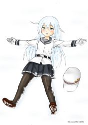 Rule 34 | 1girl, belt, black pantyhose, black sailor collar, black skirt, blue eyes, commentary request, flat cap, hammer and sickle, hat, hibiki (kancolle), kantai collection, kudou (ooabareteng), long hair, long sleeves, lying, one-hour drawing challenge, open mouth, outstretched arms, pantyhose, pleated skirt, sailor collar, sailor shirt, school uniform, serafuku, shirt, silver hair, skirt, snow, solo, twitter username, unworn hat, unworn headwear, verniy (kancolle), white hat