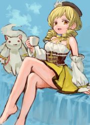 Rule 34 | 10s, 1girl, :3, adapted costume, ama-tou, bare legs, bare shoulders, blonde hair, corset, crossed legs, cup, detached sleeves, drill hair, hat, kyubey, legs, looking at viewer, magical girl, mahou shoujo madoka magica, mahou shoujo madoka magica (anime), open mouth, shirt, sitting, skirt, smile, tomoe mami, traditional media, twin drills, twintails, yellow eyes