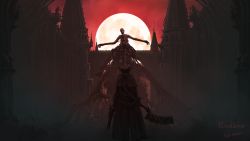 Rule 34 | 1other, artist name, bloodborne, capelet, coat, commentary, copyright name, eldritch abomination, facing another, feet out of frame, from behind, full moon, gun, handgun, hat, highres, holding, holding gun, holding weapon, hunter (bloodborne), long coat, long sleeves, monster, moon, outdoors, pillar, pistol, red sky, saw, saw cleaver, skeleton, sky, spire, standing, the one reborn, tower, tricorne, tripdancer, weapon