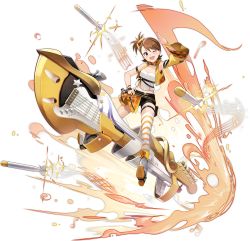 Rule 34 | 1girl, artist request, asymmetrical legwear, asymmetrical sleeves, azur lane, boots, bracelet, brown hair, detached sleeves, futami ami, guitar, highres, idolmaster, idolmaster (classic), instrument, jewelry, looking at viewer, official art, one eye closed, open mouth, short hair, short shorts, shorts, thigh strap, thighhighs, torpedo, transparent background, uneven legwear, uneven sleeves