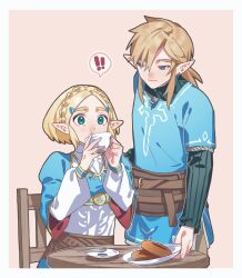 Rule 34 | !, !!, 1boy, 1girl, belt, blue eyes, blue shirt, chair, cup, doughnut, earrings, food, green eyes, hair ornament, hairclip, highres, holding, holding cup, jewelry, link, looking afar, looking at another, medium hair, nintendo, oshinomiya, plate, pointy ears, princess zelda, saucer, shirt, short hair, sidelocks, simple background, sitting, speech bubble, spoon, standing, table, the legend of zelda, the legend of zelda: tears of the kingdom, triforce