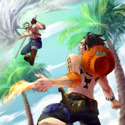 Rule 34 | 2boys, alabasta, black hair, blue sky, cigar, fighting, fire, freckles, grey hair, grin, hat, jacket, jolly roger, jumping, knife, male focus, multiple boys, one piece, open clothes, open jacket, outdoors, palm tree, pirate, portgas d. ace, sky, smile, smoke, smoker (one piece), smoking, tattoo, topless male, tree, weapon