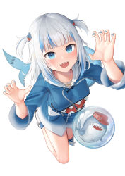 Rule 34 | 1girl, :d, bloop (gawr gura), blue eyes, blue hair, blue hoodie, blue nails, blue socks, breasts, claw pose, drawstring, fins, fish tail, full body, gawr gura, gawr gura (1st costume), hair ornament, hands up, highres, hololive, hololive english, hood, hood down, hoodie, kep (ahokep), looking at viewer, multicolored hair, nail polish, open mouth, shark tail, sharp teeth, shoes, silver hair, simple background, small breasts, smile, socks, streaked hair, tail, teeth, two side up, virtual youtuber, white background, white footwear