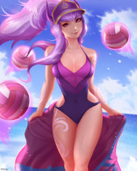 Rule 34 | 1girl, ball, blue sky, blurry, blurry background, breasts, breasts apart, hat, highres, horns, league of legends, long hair, looking at viewer, mcdobo, medium breasts, one-piece swimsuit, ponytail, pool party (league of legends), purple eyes, sky, smile, solo, standing, swimsuit, syndra, tattoo, volleyball, volleyball (object)