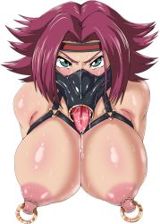 Rule 34 | 1girl, :&gt;, :&gt;=, absurdres, angry, blue eyes, blush, bondage outfit, breasts, code geass, covered erect nipples, headband, highres, kouzuki kallen, large areolae, large breasts, long nipples, mask, nipple piercing, nipple rings, oakking, piercing, red hair, saliva, shiny skin, short hair, sweatdrop, tongue, tongue out
