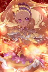 Rule 34 | 1girl, amamiya elena, blonde hair, choker, closed mouth, collarbone, cowboy shot, cure soleil, dark-skinned female, dark skin, dress, earrings, fire, floating hair, hair ornament, high ponytail, highres, jewelry, long hair, looking at viewer, magical girl, outstretched arm, precure, purple eyes, shiny skin, shipu (gassyumaron), sleeveless, smile, solo, standing, star (symbol), star hair ornament, star twinkle precure, very long hair, yellow dress
