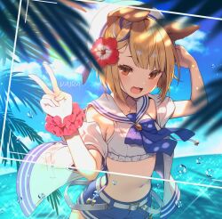Rule 34 | 1girl, animal ears, arm up, blonde hair, blue bow, blue bowtie, blue shorts, blurry, blurry foreground, bow, bowtie, brown eyes, crop top, day, flower, granblue fantasy, hair flower, hair ornament, hand up, hat, honda tamanosuke, horizon, jacket, looking at viewer, navel, ocean, official alternate costume, open clothes, open jacket, open mouth, outdoors, sailor collar, scrunchie, shirt, short hair, shorts, sleeveless, solo, upper body, v, vajra (granblue fantasy), vajra (summer) (granblue fantasy), water drop, white hat, white shirt, wrist scrunchie