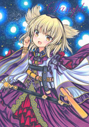 Rule 34 | 1girl, :d, adapted costume, belt, blonde hair, blush, bow, bowtie, bracelet, breasts, brooch, commentary request, cowboy shot, danmaku, earmuffs, embellished costume, frills, gold trim, hair flaps, hand up, holding, holding stick, jewelry, long sleeves, looking at viewer, marker (medium), medium hair, open mouth, pointy hair, purple bow, purple bowtie, purple skirt, ritual baton, rui (sugar3), sample watermark, sheath, sheathed, skirt, small breasts, smile, solo, star (symbol), starry background, stick, sword, touhou, toyosatomimi no miko, traditional media, watermark, weapon, wide sleeves, yellow eyes