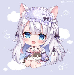 Rule 34 | 1girl, :d, animal, animal ear fluff, animal ears, animal on lap, blue eyes, blush, braid, breasts, cat, cat ears, cat girl, cat tail, cleavage, cloud, commentary request, dress, fang, full body, grey hair, hair ornament, hairclip, jacket, long hair, long sleeves, looking at viewer, loose socks, mask, mask on head, medium breasts, mitsuba choco, no shoes, off shoulder, on lap, open clothes, open jacket, open mouth, original, pink dress, puffy long sleeves, puffy sleeves, purple background, purple jacket, simple background, sitting, sleep mask, sleeveless, sleeveless dress, sleeves past wrists, smile, socks, solo, star (symbol), tail, twitter username, very long hair, wariza, white socks